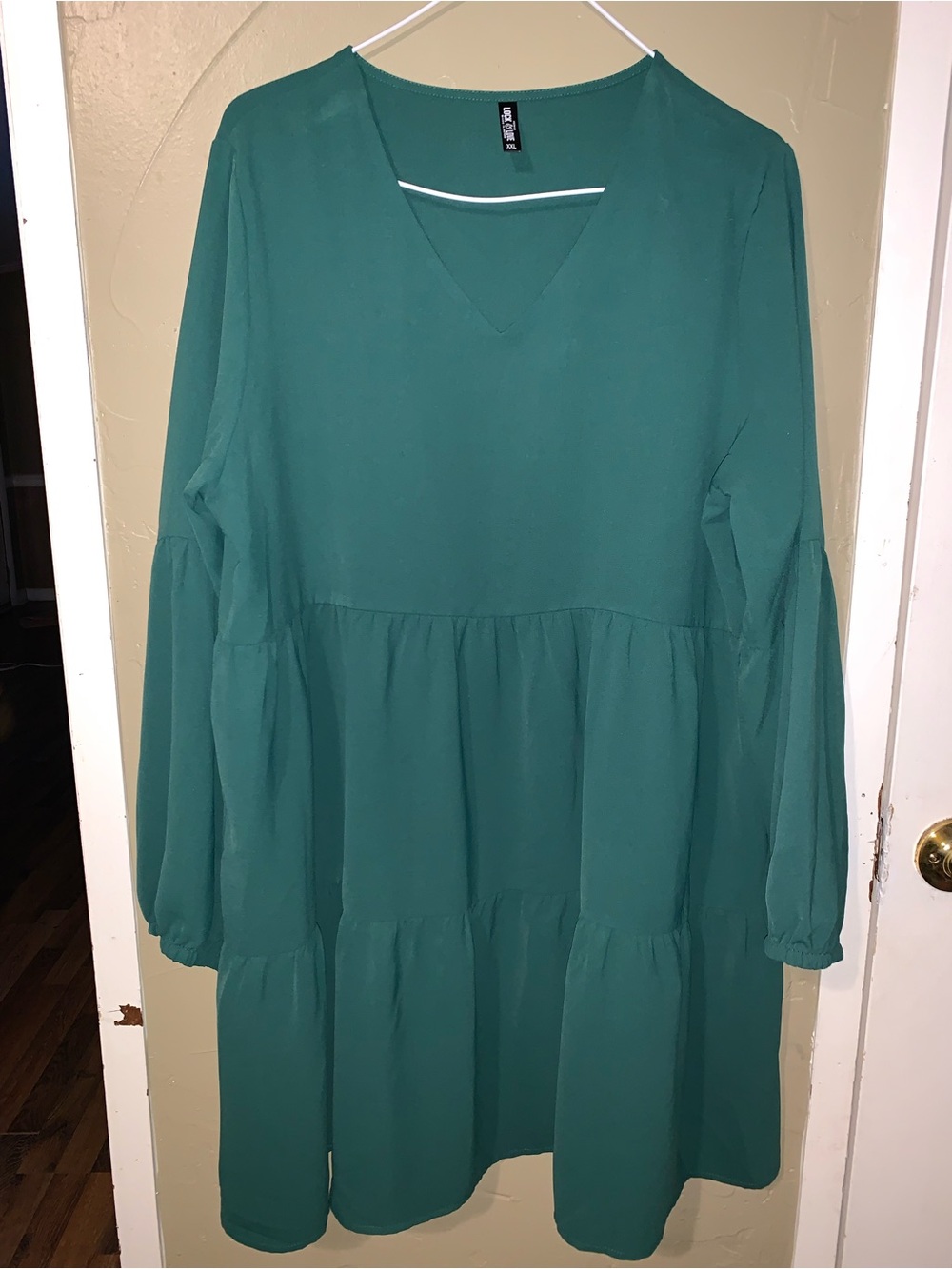 Forest Green V-Neck Tiered Long Sleeve Dress